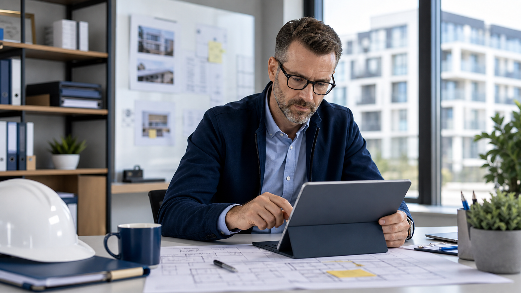 Gérant technique immobilier examinant des plans